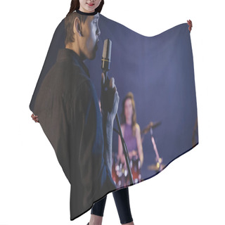 Personality  Young Singer Singing In Microphone Near Blurred Music Band Hair Cutting Cape