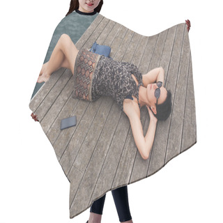 Personality  Attractive Woman Lying On A Wooden Pier Hair Cutting Cape