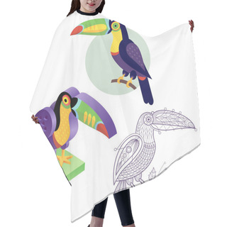 Personality  Set Toucan Image In Different Styles. Hair Cutting Cape