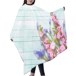 Personality  Background With Spring Flowers. Pink Almond And Blue Muscaries Flowers On Turquoise Wooden Background With  Copy Space Hair Cutting Cape