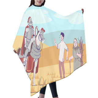 Personality  Medieval Knight On Horse And Peasants In Field Flat Vector Illustration. Cavalier In Armor With Farmers Cartoon Characters With Outline. Middle Age Worrier And Simple People. Fantasy Personages Hair Cutting Cape
