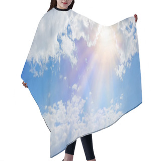 Personality  Miraculous Heavenly Light Panorama Banner -  Wide Blue Sky, Fluffy Clouds And A Beautiful Warm Orange Yellow Sun Beaming Down Radiating Depicting A Holy Entity  Hair Cutting Cape
