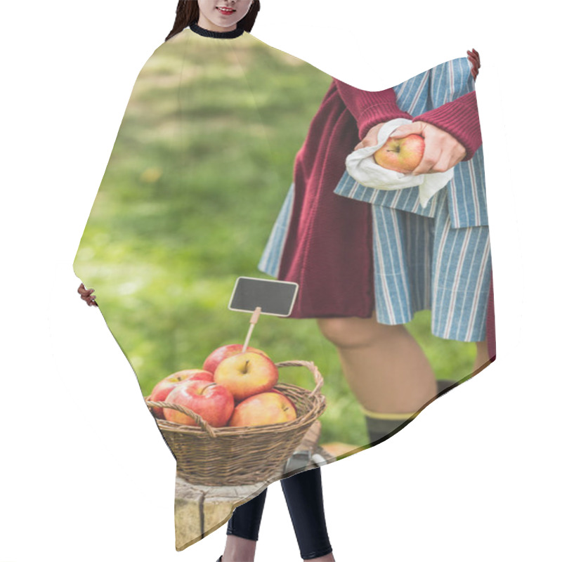 Personality  Cropped View Of Young Woman Selling Fresh Picked Apples In Basket With Empty Tag Hair Cutting Cape