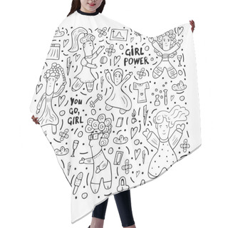 Personality  Girl Power Doodle Style Vector Illustration. Hair Cutting Cape