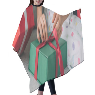 Personality  Cropped View Of Child In Pajama Untying Bow On Christmas Gift On Couch, Banner  Hair Cutting Cape