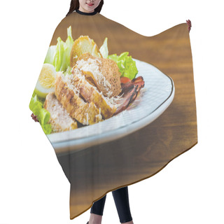 Personality  Close-up View Of Delicious Caesar Salad On Wooden Table Hair Cutting Cape