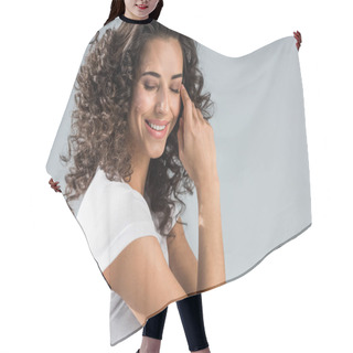 Personality  Charming Curly Woman Smiling With Closed Eyes Isolated On Grey Hair Cutting Cape