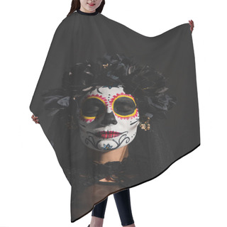 Personality  Portrait Of Woman With Closed Eyes In Scary Catrina Makeup And Dark Wreath Isolated On Black Hair Cutting Cape