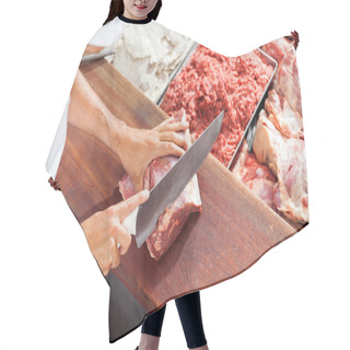 Personality  Smiling Butcher Cutting Meat At Counter Hair Cutting Cape