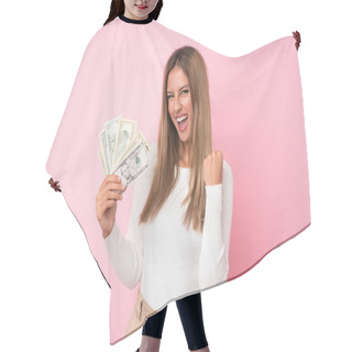 Personality  Young Blonde Woman Over Isolated Pink Background Taking A Lot Of Money Hair Cutting Cape