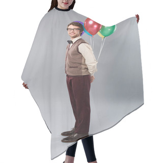 Personality  Positive Man In Glasses Holding Multicolored Balloons On Grey Background Hair Cutting Cape