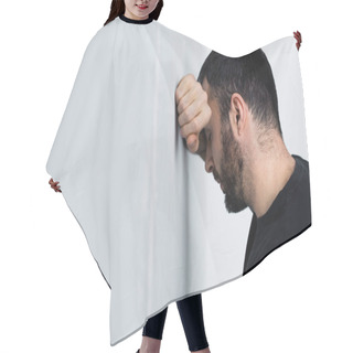 Personality  Depressed Unshaven Man Standing Near White Wall With Closed Eyes Hair Cutting Cape