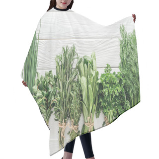Personality  Top View Of Various Green Herbs On White Wooden Table Hair Cutting Cape