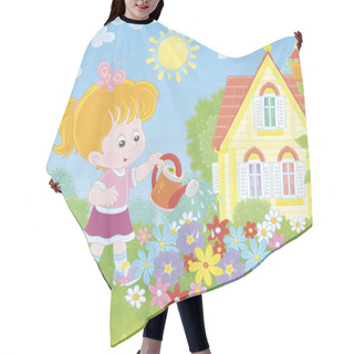 Personality  Smiling Little Girl Watering Colorful Flowers On A Flowerbed On A Green Lawn In Front Of Her House On A Sunny Summer Day, Vector Illustration In A Cartoon Style Hair Cutting Cape