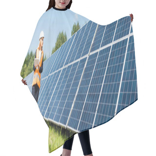 Personality  Panoramic Shot Of Attractive Businesswoman In Hardhat Walking And Holding Digital Tablet  Hair Cutting Cape
