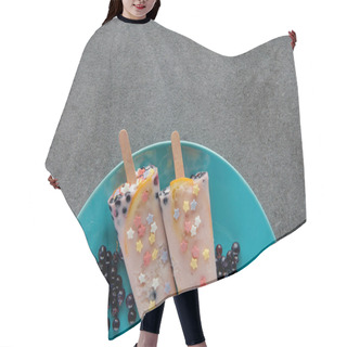 Personality  Top View Of Sweet Cold Popsicles With Berries On Plate On Grey Hair Cutting Cape
