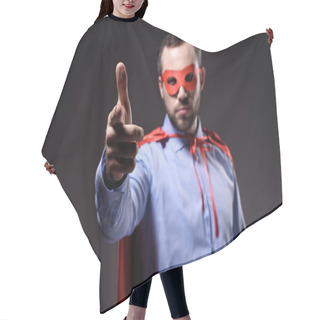 Personality  Handsome Super Businessman In Mask And Cape Pointing On Camera Isolated On Black Hair Cutting Cape