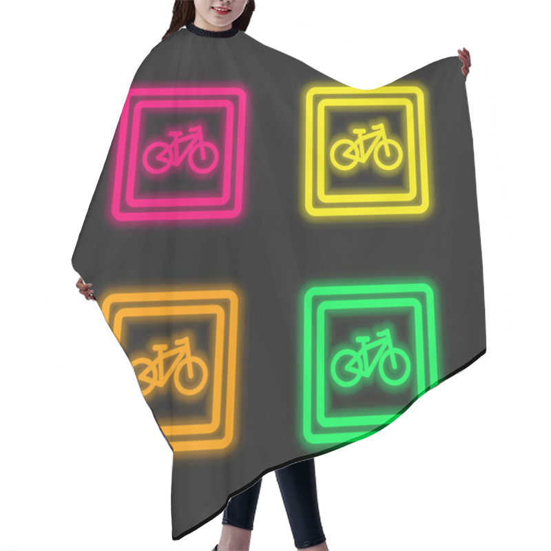 Personality  Bike Parking Signal four color glowing neon vector icon hair cutting cape