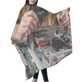 Personality  Cropped Image Of Hands With Multimeter And Broken Computer  Hair Cutting Cape