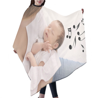 Personality  Mother With Sleeping Baby At Home. Lullaby Songs And Music Concept Hair Cutting Cape