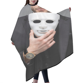 Personality  Cropped View Of Corporate Manager Holding Face Mask Isolated On Grey Hair Cutting Cape