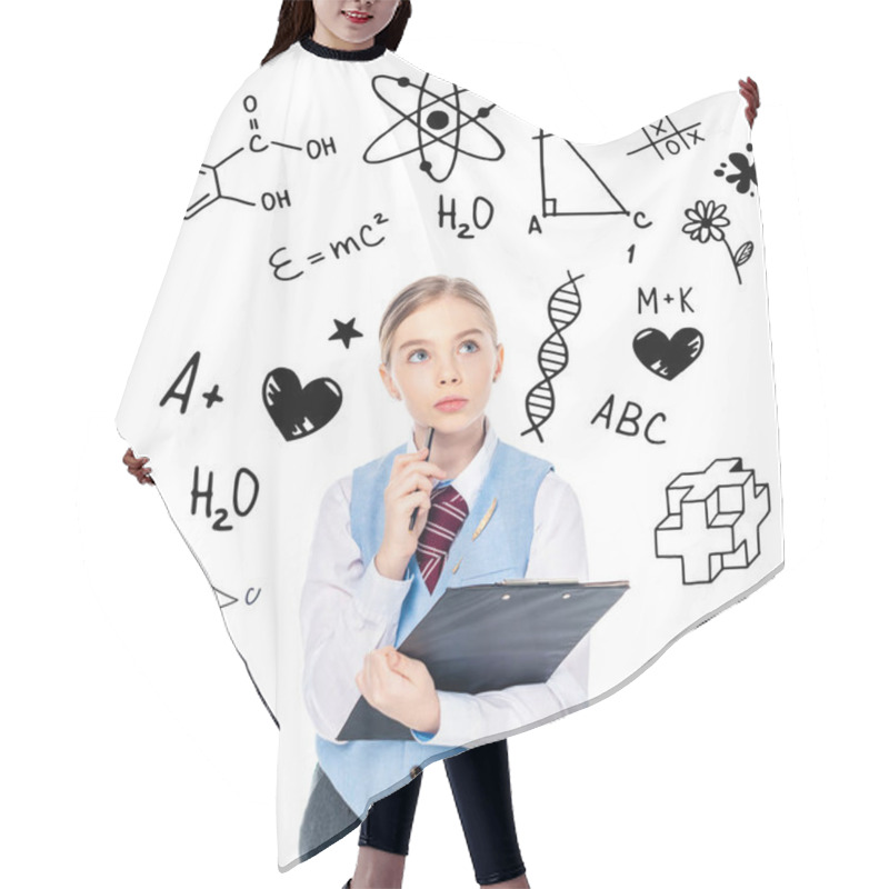Personality  Pensive Schoolgirl In Formal Wear Holding Clipboard And Pen Near Chemical Formulas On White Hair Cutting Cape