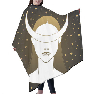 Personality  The Beautiful Girl With A Moon Crown. Female Portrait Or Night Goddess. Isolated Vector Illustration. Fantasy, Spirituality, Occultism, Tattoo. Trendy Print. Hair Cutting Cape