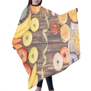 Personality  Top View Of Assorted Junk Food, Fresh Fruits With Vegetables And Measuring Tape On Wooden Table    Hair Cutting Cape