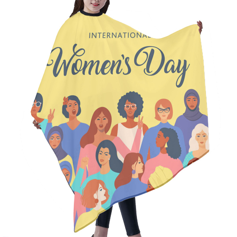 Personality  Female Diverse Faces Of Different Ethnicity Poster. Women Empowerment Movement Pattern. International Womens Day Graphic In Vector. Hair Cutting Cape