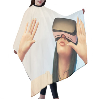 Personality  Brunette Girl Wearing Virtual Reality Headset And Gesturing On Beige And Blue Hair Cutting Cape