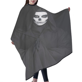 Personality  Woman With Skull Makeup Showing Please Gesture Isolated On Black Hair Cutting Cape