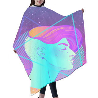 Personality  Portrait Of A Young Pretty Androgynous Woman With Short Shaved Pixie Undercut In Retro Futurism Style. Vector Illustration In Neon Bright Colors. Blue Short Hair. Hair Cutting Cape