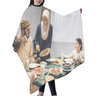 Personality  African American Woman In Hijab Serving Food On Plate Near Family And Ramadan Dinner  Hair Cutting Cape