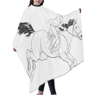 Personality  Rider And Stallion Negotiating A Barrier On A Show Jumping Course. Linear Illustration Designed For Horseback Riding Goods Or Cross-country Equestrianism. Steed And Sportswoman Passes The Route. Hair Cutting Cape