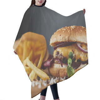 Personality  Selective Focus Of Salt, French Fries And Tasty Burger With Meat And Cheese On Wooden Surface Hair Cutting Cape