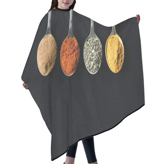 Personality  Various Spices And Herbs In Metal Spoons Hair Cutting Cape