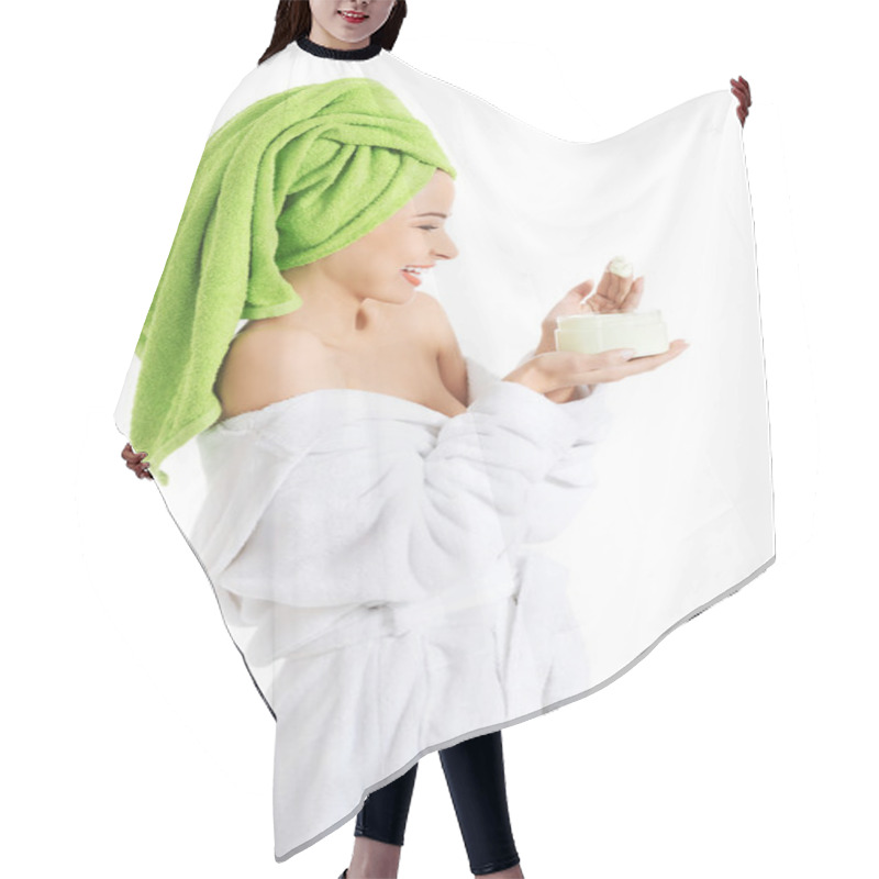 Personality  Woman In Bathrobe With Cream Hair Cutting Cape