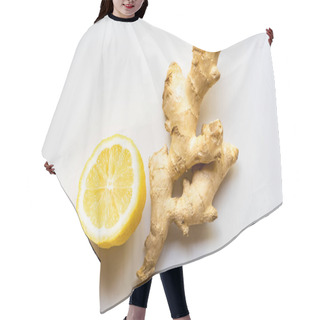 Personality  Top View Of Ginger Root, Lemon On White Background Hair Cutting Cape