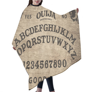 Personality  Planchette Of Ouija Board On Wooden Texture. Poster With Game Of Ghosts. Halloween Play With Calling Souls And Demons. Party Poster. Graphic, Typography, Alphabet, Letters, Numbers. Hair Cutting Cape