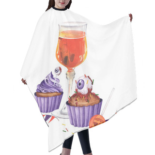 Personality  Watercolor Holiday Composition And Cocktail, Cupcakes And Lollipop And Flags. Illustration For Design On The Theme Of Halloween Or Themed Parties. Hair Cutting Cape