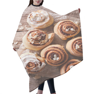 Personality  Glazed Cinnamon Rolls With Almond Close Up. Vertical Top View Hair Cutting Cape