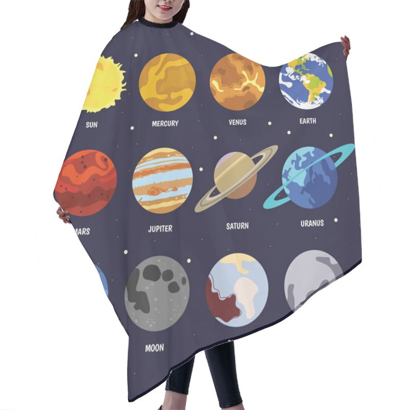 Personality  The Planets Of The Solar System Are Labeled With Their Names On Space Posters.  Galaxy, Science, Space, Education.  Mercury, Mars, Venus, Earth, Jupiter, Saturn, Uranus, Neptune Hair Cutting Cape