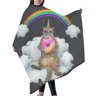 Personality  The Cat Unicorn In Sunglasses With A Color Donut Is Sitting On The Cloud Like A Couch. The Rainbow Is Behind Him. Stars Background. Hair Cutting Cape