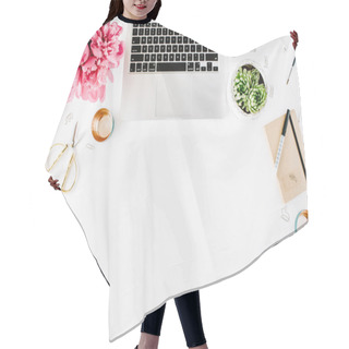 Personality  Workplace With Laptop. Flat Lay Composition Hair Cutting Cape