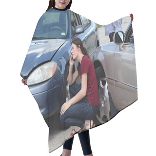 Personality  Young Woman Using Cellphone After Accident Hair Cutting Cape