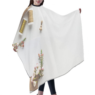 Personality  Top View Of Empty Blank With Brown Envelope, Flowers, Stamp, Wrapped Gift And Spools Of Thread On Grey Background Hair Cutting Cape