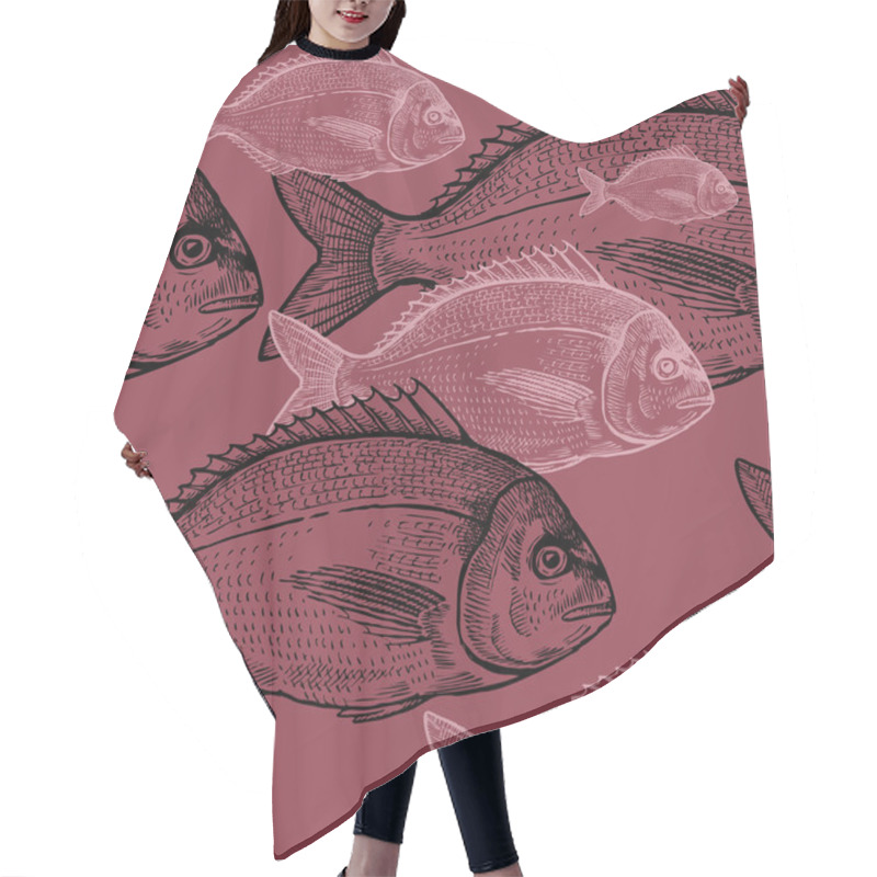 Personality  Animals Under Water. Seamless Vector Pattern. Black And Pink Fish  On Red Background. Vintage Engraving Art. Hand Drawing Sketch. Kitchen Design With Seafood For Paper, Wrapping, Fabrics. Hair Cutting Cape