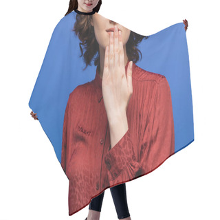 Personality  Cropped View Of Woman In Red Blouse Telling Thank You On Sign Language Isolated On Blue Hair Cutting Cape