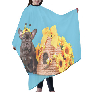 Personality  Black French Bulldog Dog Puppy With Bee Costume Antlers Sitting Next To Beehive And Sunflowers On Blue Background Hair Cutting Cape