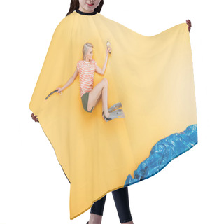 Personality  Beautiful Young Woman In Flippers Jumping In Imagine Sea On Yellow, Summer Vacation Concept Hair Cutting Cape